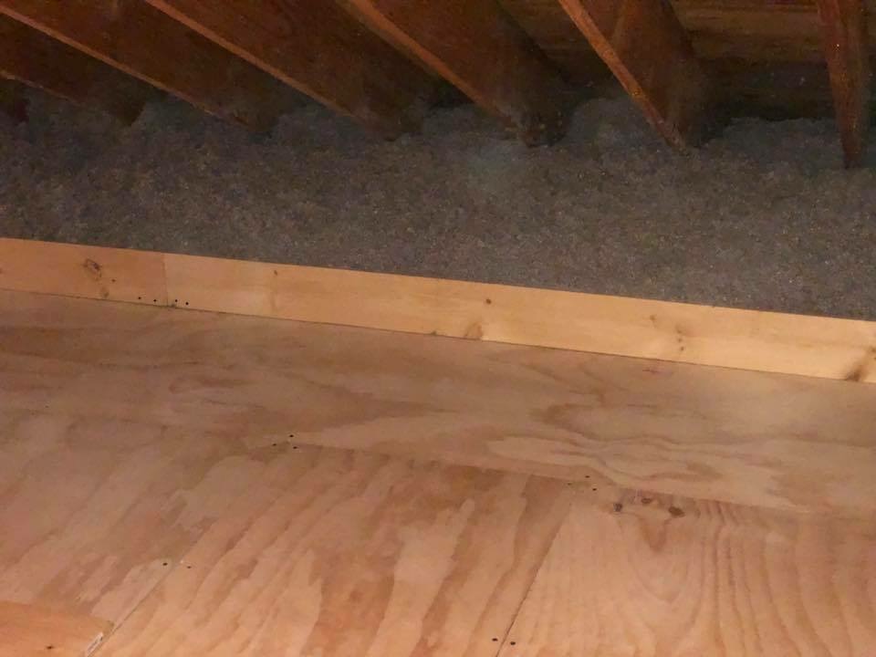 Loose-fill insulation alongside a raised plywood platform.